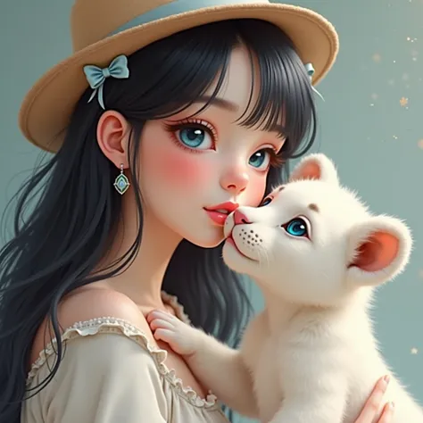 A beautiful woman with unique, sweet beauty, possessing soft, delicate European features. She has bright neon blue eyes, pale skin, small but full lips, rosy cheeks, and long black hair. The woman is gently holding a white, blue-eyed lion cub, which is lic...