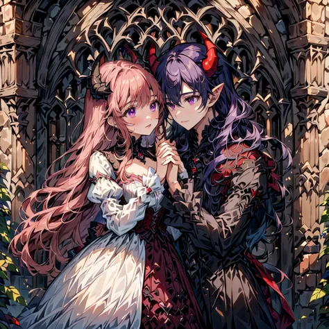 a couple of lovers looking into each others eyes on a medieval balcony under an ornate Gothic style arch, she has long hair and he has small horns and demon wings, ultra detailed faces and hands
