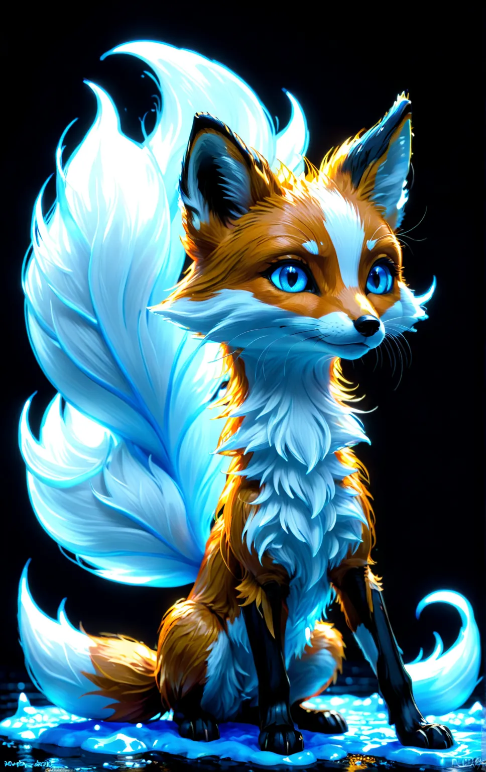 glowing little fox ， 1 animal . ( digital art of a little fox drawn with pale blue paint that responds to black light: 1.3, 3d, ...