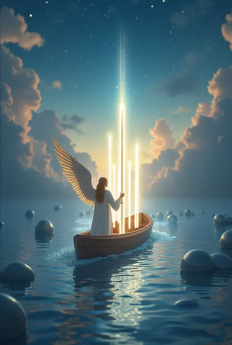 Design a breathtaking and highly detailed image for the "Six of Lights" card in the Lumen Angelis deck, inspired by the "Six of Swords" from the Rider-Waite Tarot. Depict an angel guiding a small, illuminated boat across a tranquil, celestial river of ligh...