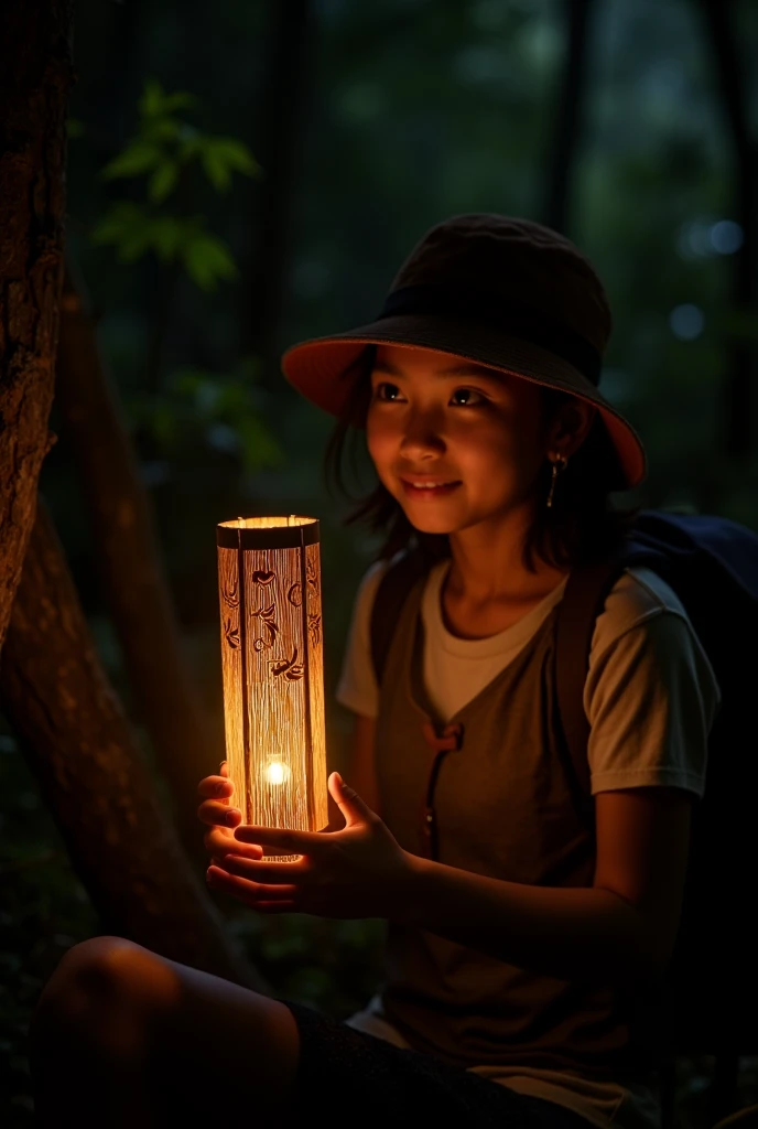 A person using a bamboo flashlight
