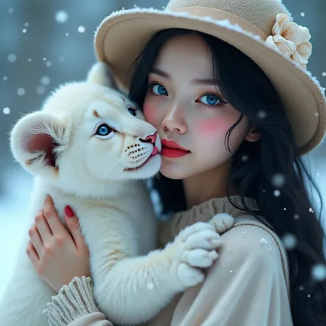 "A beautiful woman with unique, sweet beauty, featuring soft, delicate European features. She has bright neon blue eyes, pale skin, small but full lips, rosy cheeks, and long black hair. The woman is holding a white, blue-eyed lion cub, which is licking he...