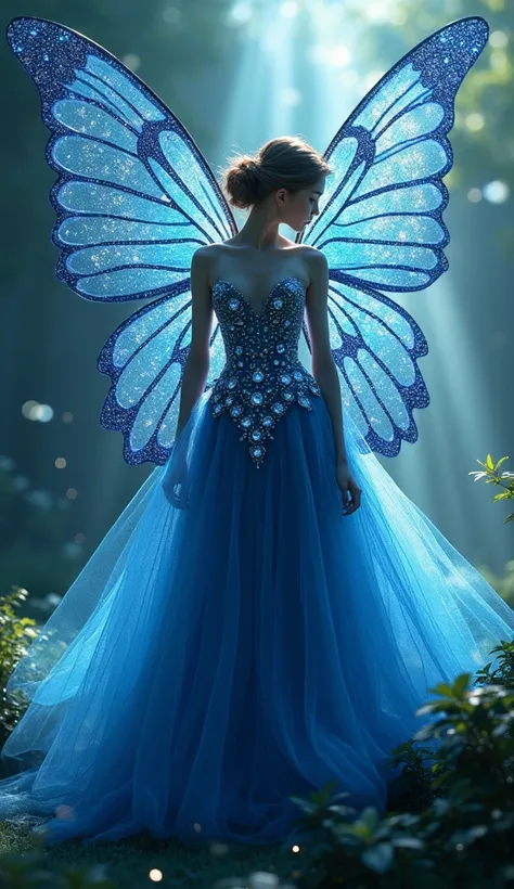 A fairy dress in a transparent dark blue tulle, sparkling with blue diamonds, huge wings with colors like blue morpho butterfly, delicate detailed fairy, intricate patterns, soft glowing lighting, fantasy, dreamlike, ethereal, cinematic, 8k, high resolutio...