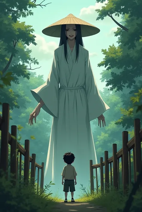  Shocking animated image that appears hachishuakusuma behind the fence of the garden where Akio a Japanese boy is.
Super tall woman ,  he was wearing a wide-brimmed hat and a white robe that fluttered in the wind . strange smile, too wide and his eyes spok...