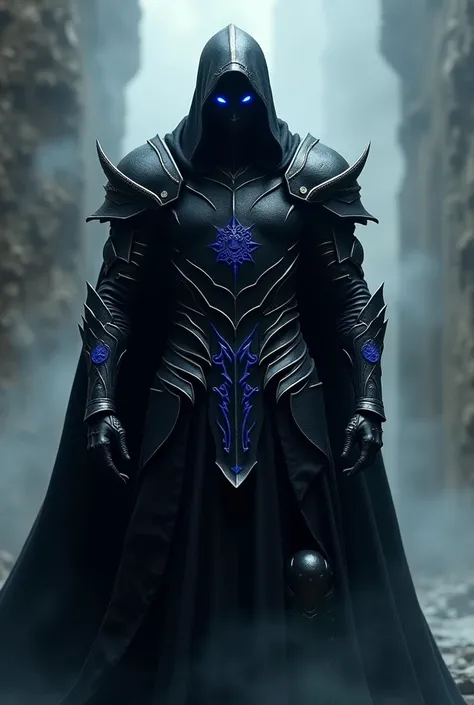 Warrior with black armor and a covered face and blue details 