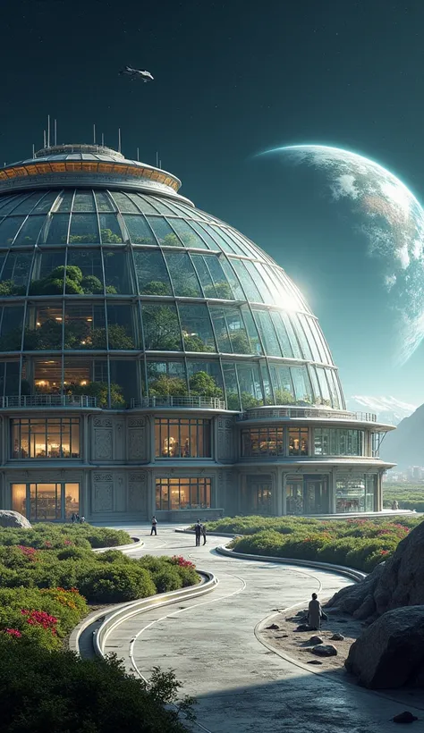 Moon Base, Extremely advanced science and technology, domed , Night Moon, 巨大domed 菜園:1.35, glass vegetable garden , Promenade, You can see the Earth, Lunar Airfield ,  Spaceplane