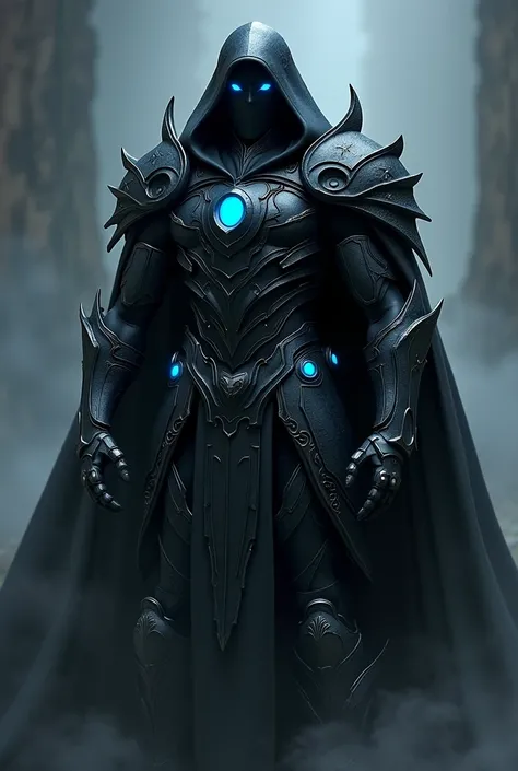 Warrior with black armor and a covered face and blue details 