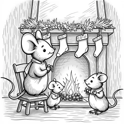 coloring page for s age 4-,dad mouse standing on a chair hanging festive socks by the fireplace two mouse ren holding garlands