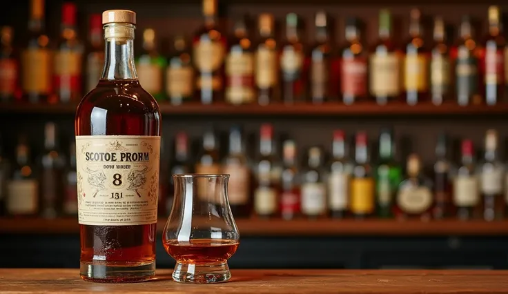 A realistic shot of a bottle of scotch whisky called "Scotch Down Under" with a glencairn glass on a wooden bar table. There are many other different bottles of whisky in the background. The lighting is warm and soft.