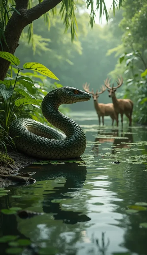 realistic image about An anaconda camouflaged among river plants, waiting silently for its prey to approach. this anaconda should be nearby where deer drinking water from pond