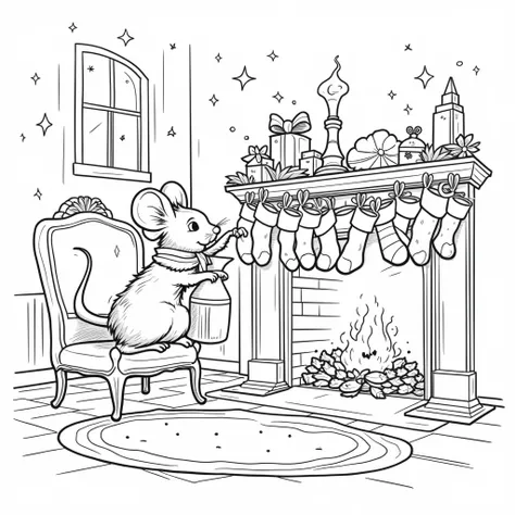 coloring page for ren age 4-,dad mouse standing on a chair hanging festive socks around a fireplace lit,mom mouse standing lookin