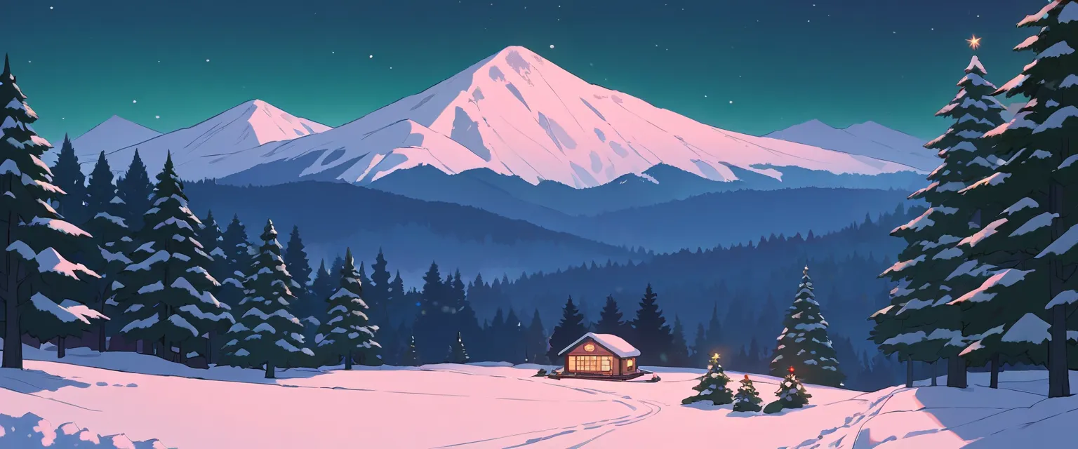 christmas vibes ultrawide ,cozy ,lofi ,landscape ,forest ,mountain