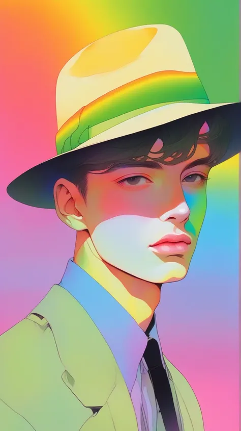 ( actual :1.1),Acrylic Fiber ,( 1 boy  ),,lips, fedora ,field, olive gradient background, Gradient hair , shortened hair ,  High Tech , (masterpiece, Quality Best ,rainbow style )