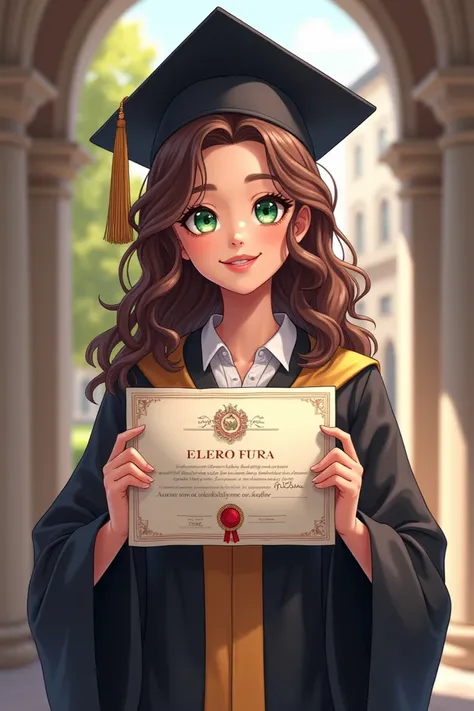  create an image of a girl with curly brown hair and green eyes,  holding a graduation diploma, dressed in graduates clothing 