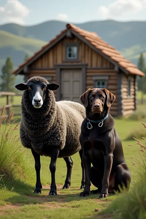 Image of a Belgian black-haired sheep with a greyish-haired chocolate labrador standing in front of a small wooden house in Mendoza,  ARGENTINA .