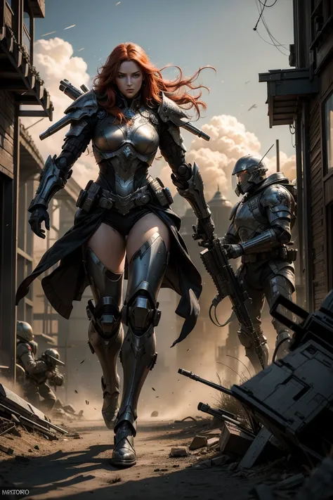 a beautiful woman with long red hair, porcelain skin, green eyes, slim build, sleek black super revealing space marine armor with intricate details, seductive, standing in a fiery battleground with explosions and debris, (best quality,4k,8k,highres,masterp...