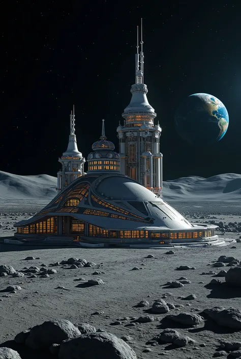 Moon Base, Extremely advanced science and technology, domed , Night Moon, You can see the Earth, Lunar Airfield ,  Spaceplane