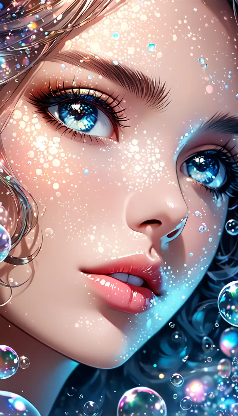  beautiful woman with seductive eyes ,  portrait,  Shading Effects ,  Gradient Magic Effects , Glitter Effect, soap bubble effect ,  misty filter effect, (  super detailed , absolutely resolution,  best quality:1.3), 2.5D, Delicate and dynamic ,  artistic ...