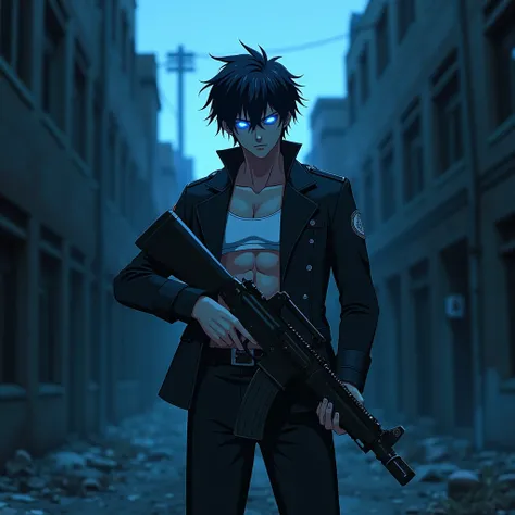  White Bra, Anime, man, Black hair,  glowing blue eyes,  background is an abandoned city, Dark blue ,  put on a soldiers suit, Holds a machine gun , Dark black tone ,