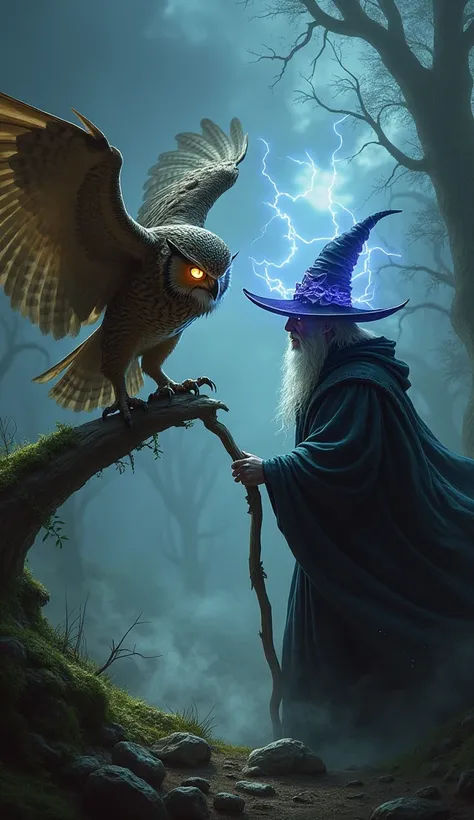 Create an image of a tense confrontation between an owl and a wizard, both in angry and aggressive stances. The owl, perched on a gnarled branch with its wings partially spread, sharp talons gripping the wood, and glowing eyes locked in fury, appears ready...