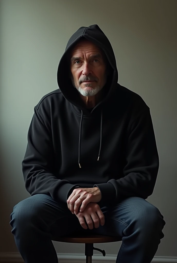 A british man sitting on stool wearing regular fit black hoodie ...background is light