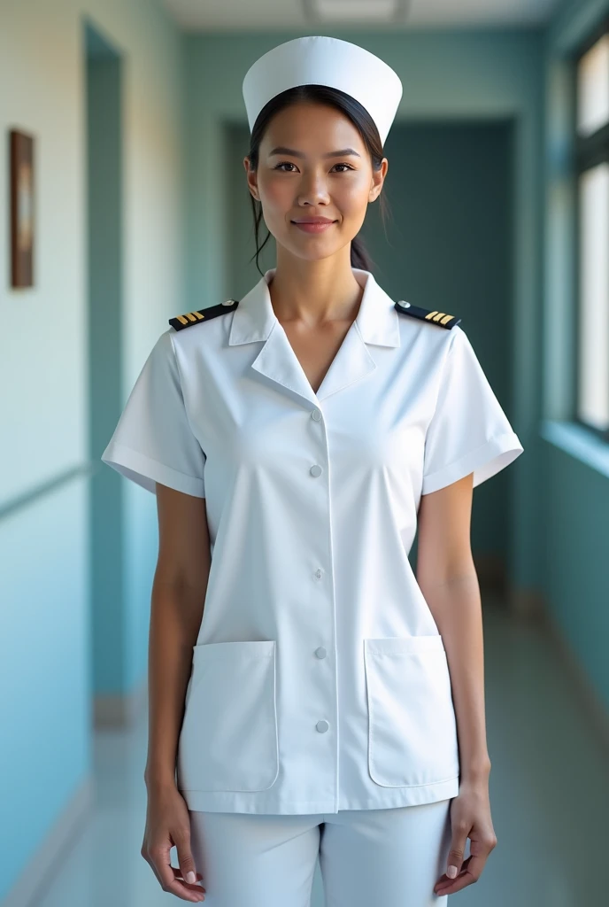 clinical uniform for nursing students with cap (model facing front, whole body, adult) in nursing christian school
