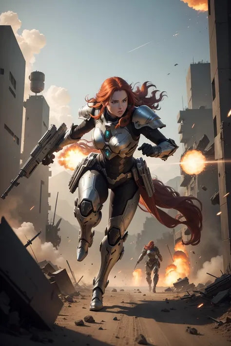 a beautiful woman with long red hair, porcelain skin, green eyes, sleek black super revealing space marine armor with intricate details, seductive, standing in a firey battleground with explosions and debris, (best quality,4k,8k,highres,masterpiece:1.2),ul...