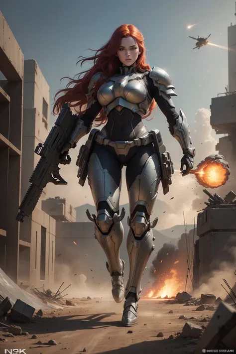 a beautiful woman with long red hair, porcelain skin, green eyes, sleek black super revealing space marine armor with intricate details, seductive, standing in a firey battleground with explosions and debris, (best quality,4k,8k,highres,masterpiece:1.2),ul...