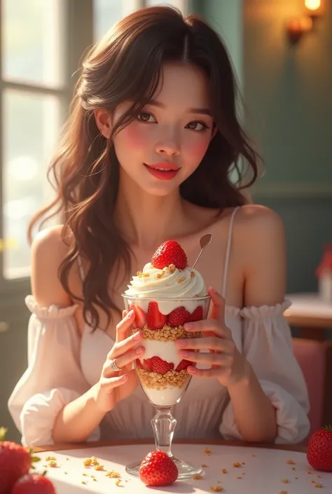 "A radiant young woman with soft features and flowing hair sits gracefully at a quaint café table. Her elegant posture complements the vibrant strawberry parfait in front of her, its layers of fresh berries, whipped cream, and golden granola glistening in ...