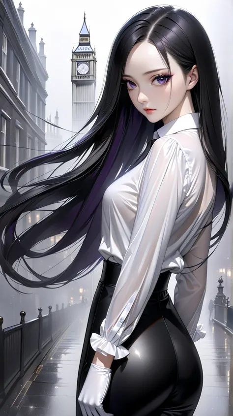 solo。 realistic drawing。High image quality。 High Quality 。 Digital Painting 。

British women。
 black hair、 shiny, smooth, straight hair。
Make very long hair all back。
Forehead。
Long side hair。
 dark purple eyeshadow。
Sexy eyes。
Dark Eyes。

 black suit。Blac...