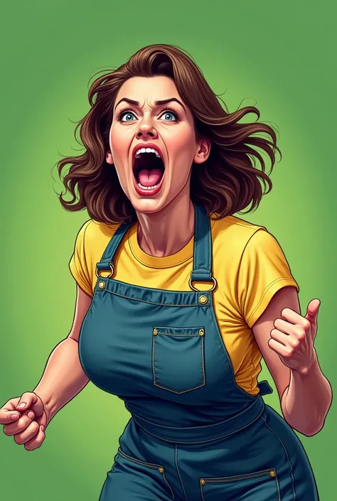 Create an illustration of a brunette woman, to wear a denim apron, that he is speaking loudly and that it is seen that he is about 40 years old
, com fundo Verde
