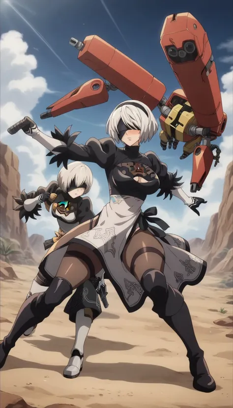 Prompt: (huge gigantic super mega hyper:1.1),(biggest round giant massive :1.1), (only one women) , front view,fighting robots,robot attack, fighting,desert,sword,robot in background,sexy poses, 2b fighting robots, source_anime,masterpiece,best quality,hig...