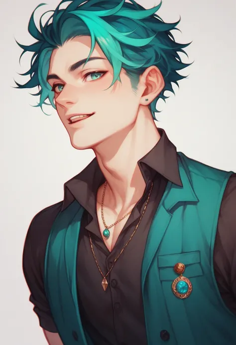 stylish twink with teal streaks in his shaggy hair, wearing a chrome-plated vest over a dark shirt, 