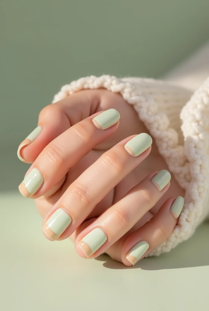 french nail design with very light green nails as a base and milky brown as the french tip design