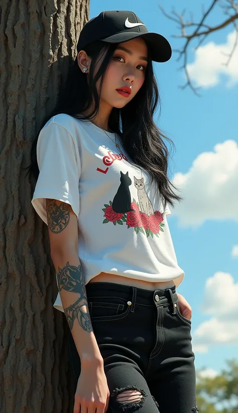  Photorealism 12 ,  a beautiful Korean woman , Perfect face ,Beautiful eyeballs ,  long hair black color ,tattoo on the arm a picture of a red rose flower , wearing a bright white t-shirt picture of a cute cat couple having sexual intercourse,black hat "ni...