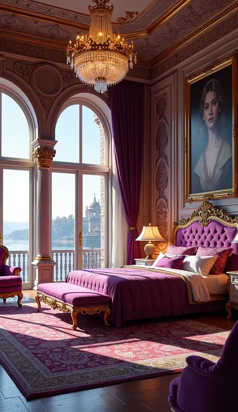 "A luxurious bedroom fit for royalty, bathed in rich shades of purple and gold. The walls are adorned with intricate carvings and framed portraits, while a grand crystal chandelier hangs from the ornately decorated ceiling. A large bed with a plush velvet ...