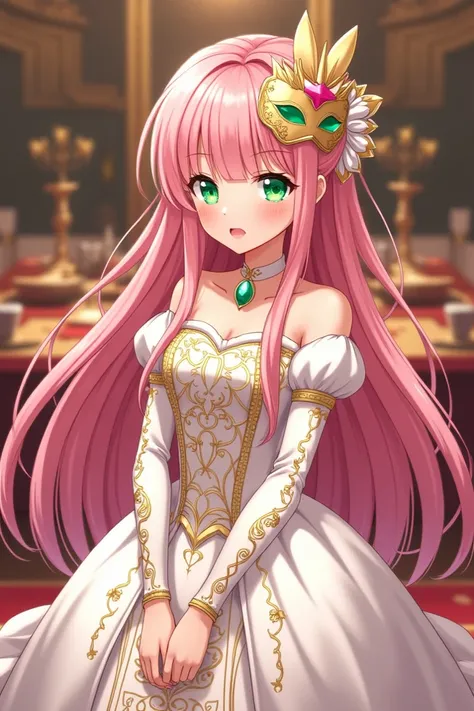 Kingdom. Beautiful. Royal daughter. . Haruno Sakura. Clever and cute face. Pink long hair. Wearing classy dress with white color and gold engraving. Wearing Party eye mask. Royal Feast. Anime. Green eyes. Party.