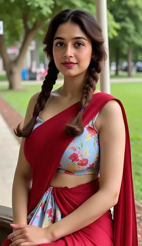 Portrait of A shy-looking Indian girl age is 21 with long braided hair, black eyes, with flowing capes, d-cup breast, sitting in the park, wearing silk Red saree, with focus on breast, perfect composition, hyperrealistic, super detailed, 8k, high quality, ...