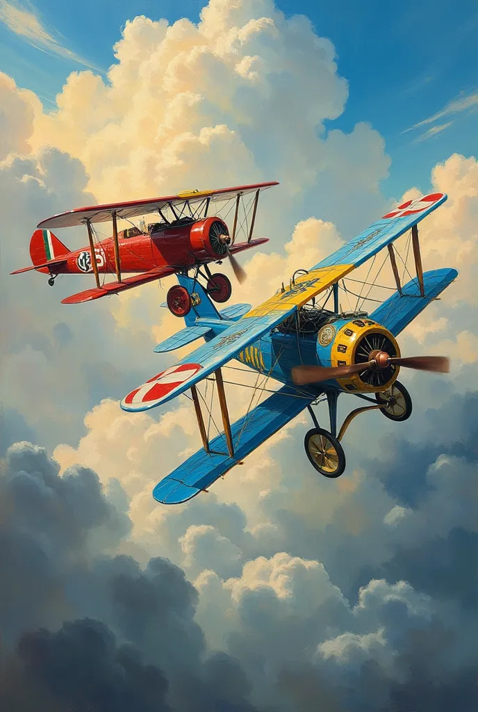 the painting in the sky among the clouds is two planes from the first world war, a red one piloted by the famous austriaco red b...