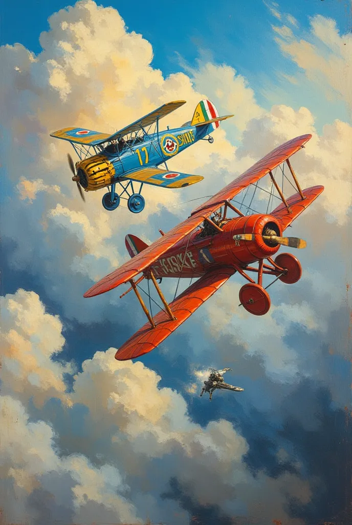 the painting in the sky among the clouds is two planes from the first world war, a red one piloted by the famous austriaco red b...