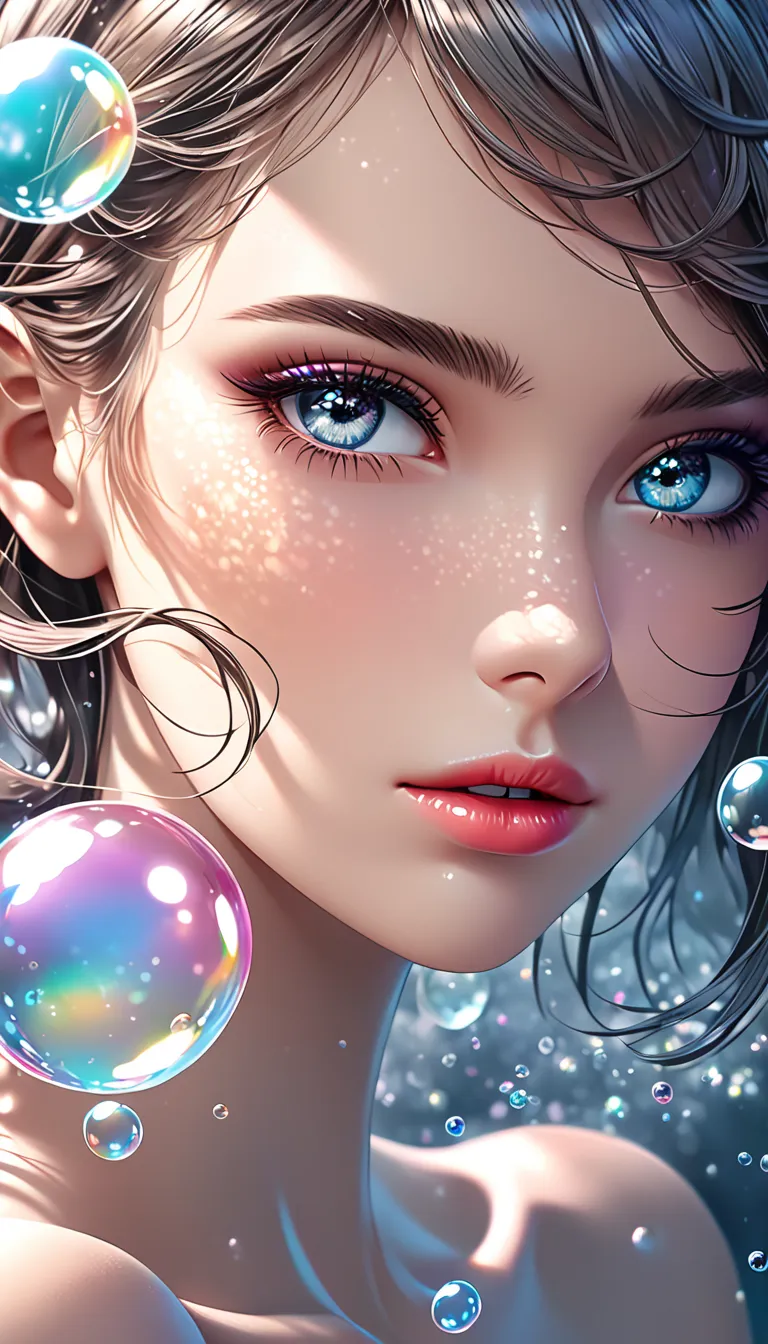 beautiful woman with seductive eyes ,  portrait,  shading effects ,  gradient magic effects , glitter effect, soap bubble effect...