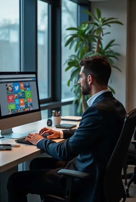  a male employee wearing a suit without headphones sitting in a desk facing left and sitting in an office with a tab in one hand and word [digital marketing] and all social media icons were out of the tab 