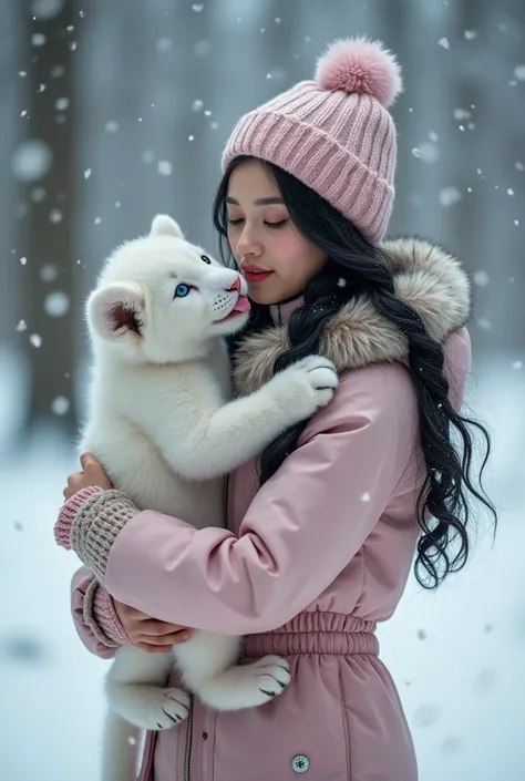 A beautiful 22-year-old woman with a unique and sweet beauty, with soft and delicate European features. She has bright neon blue eyes, pale skin, small but full lips, and long black hair. The woman is holding a blue-eyed white lion cub, who is lovingly lic...