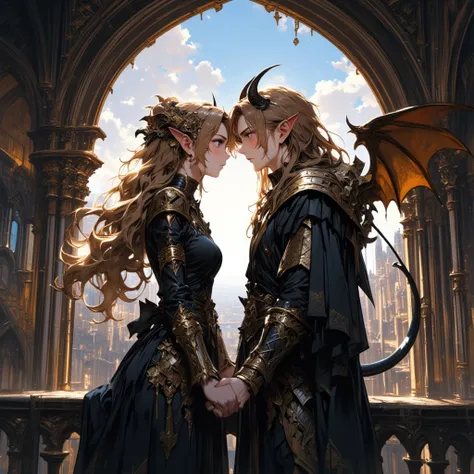 a couple of lovers looking into each others eyes on a medieval balcony under an ornate Gothic style arch, she has long hair and he has small horns and demon wings, ultra detailed faces and hands, lateral view, full body
