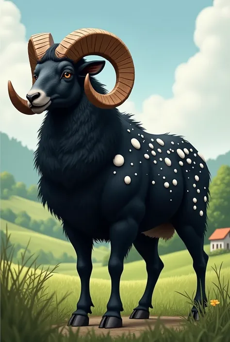 a black ram with white spots