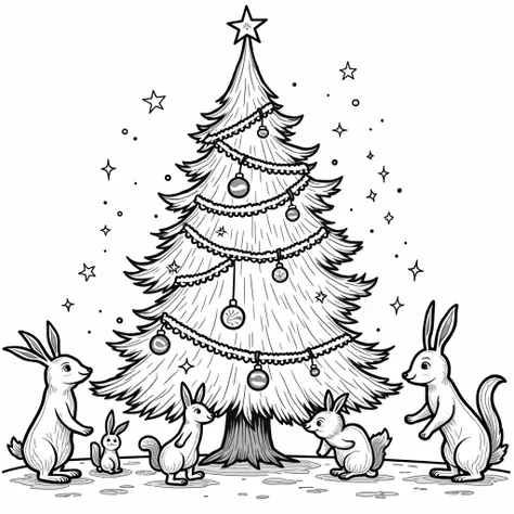 coloring page for ren aged 4-s, different animals walk around the Christmas tree, large Christmas tree with garlands and toys