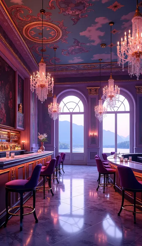 "An opulent, purple-hued bar in a majestic palace. The bar counter, made of dark marble, stretches across the room, lined with plush, velvet bar stools. Above it, ornate crystal chandeliers dangle from the intricately painted ceiling, casting a warm glow. ...