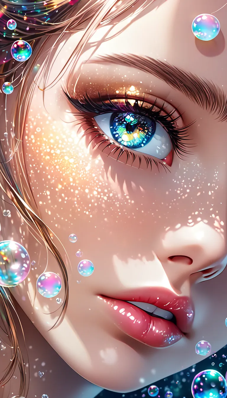 beautiful woman with seductive eyes ,  portrait,  shading effects ,  gradient magic effects , glitter effect, soap bubble effect...