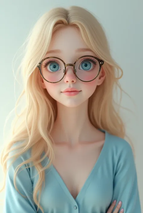 A girl with lon blong hair,  blue eyes wearing glasses,  looks like a kind person , wearing something blue with hite skin 