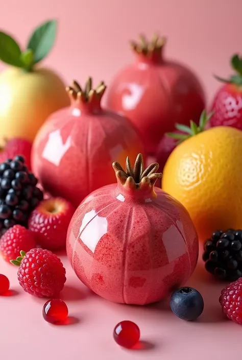 Pomegranate-shaped desserts and other fruits. 